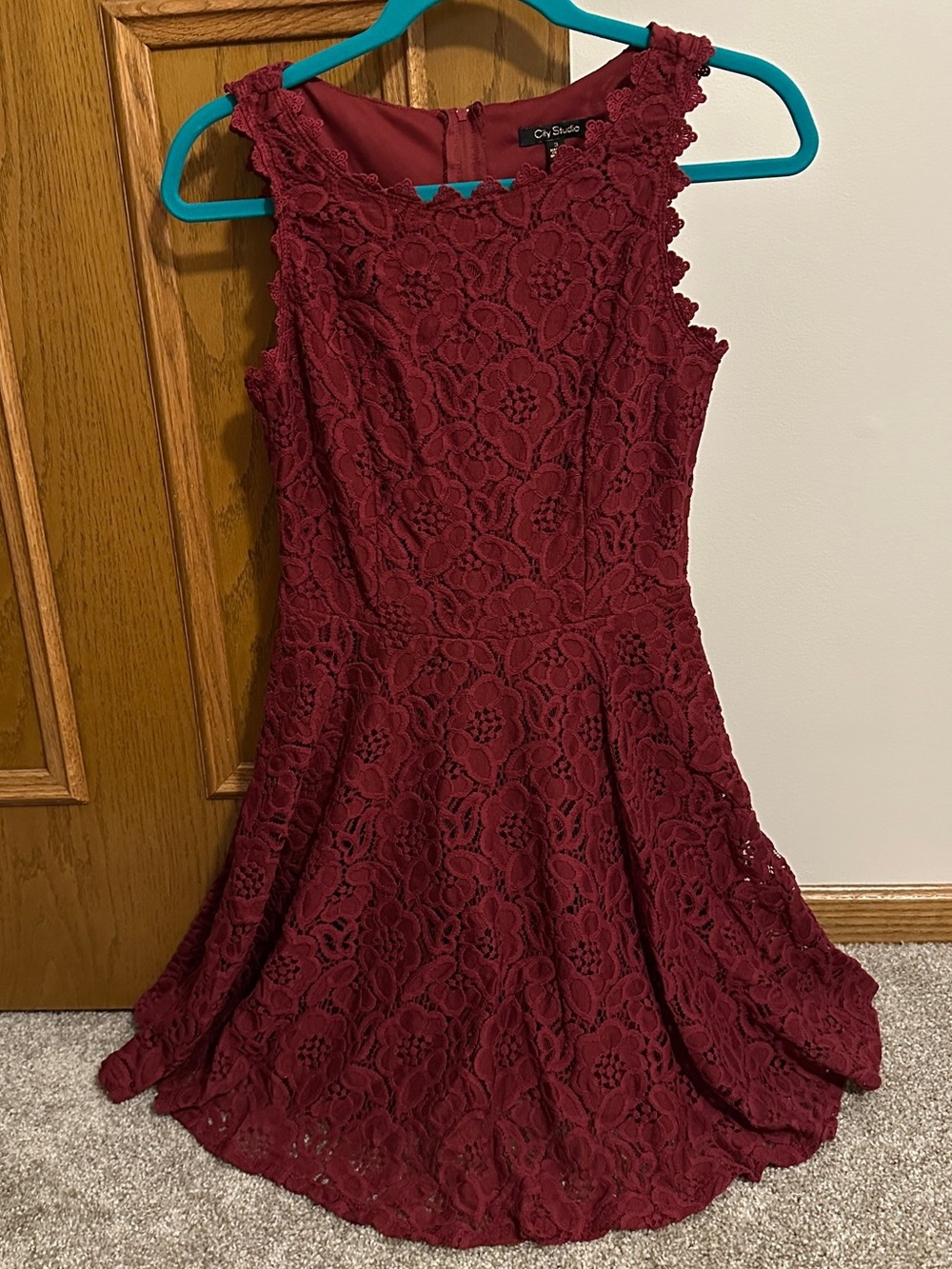 NWT City Studio Lace Fit-and-Flare Dress in Burgundy
